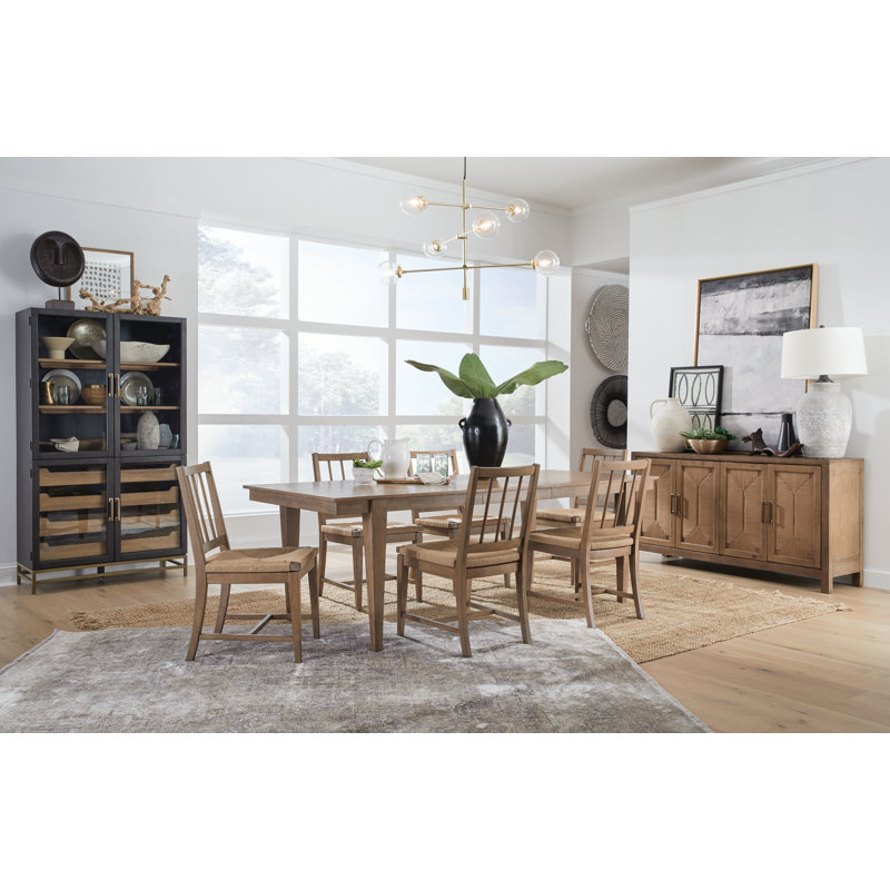 Extendable Rectangular Dining Table With 4 Grey Side Chairs, 7 Pcs: Table, 4 Chairs, Buffet, Cabinet