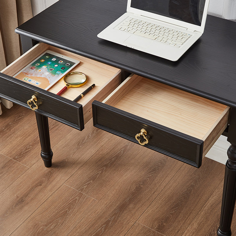Bureau d'écriture rectangulaire en bois massif noir avec 2 tiroirs, H 29,92 po x l 31,50 po x P 19,69 po