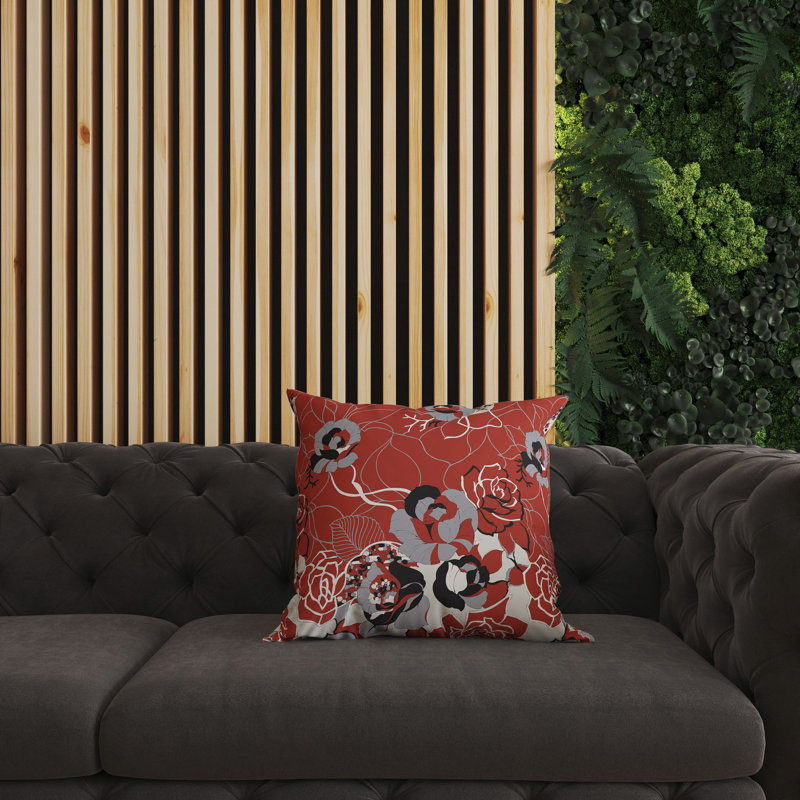 Red and Gray Floral Faux Suede Throw Pillow 16" x 16"