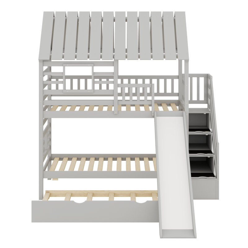 Lit superposé en bois de pin avec lit gigogne coulissant, escalier de rangement coulissant, toit et fenêtre, Gris
