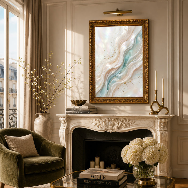 Art mural sur toile bleu et blanc avec tourbillons de marbre liquide et taches d'or, 30"H x 20"W