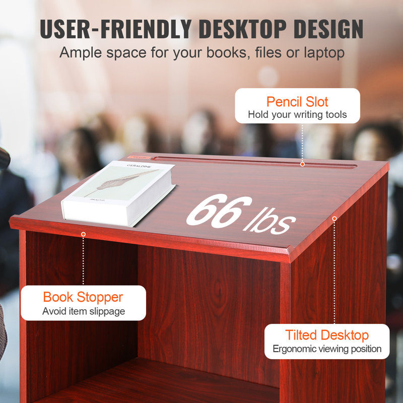 Brown 47" Wood Podium Stand with Adjustable Shelves and Casters