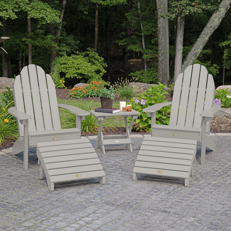 Milaca Plastic Adirondack Chair With Folding Ottoman (set Of 2) And Folding Side Table, Gray