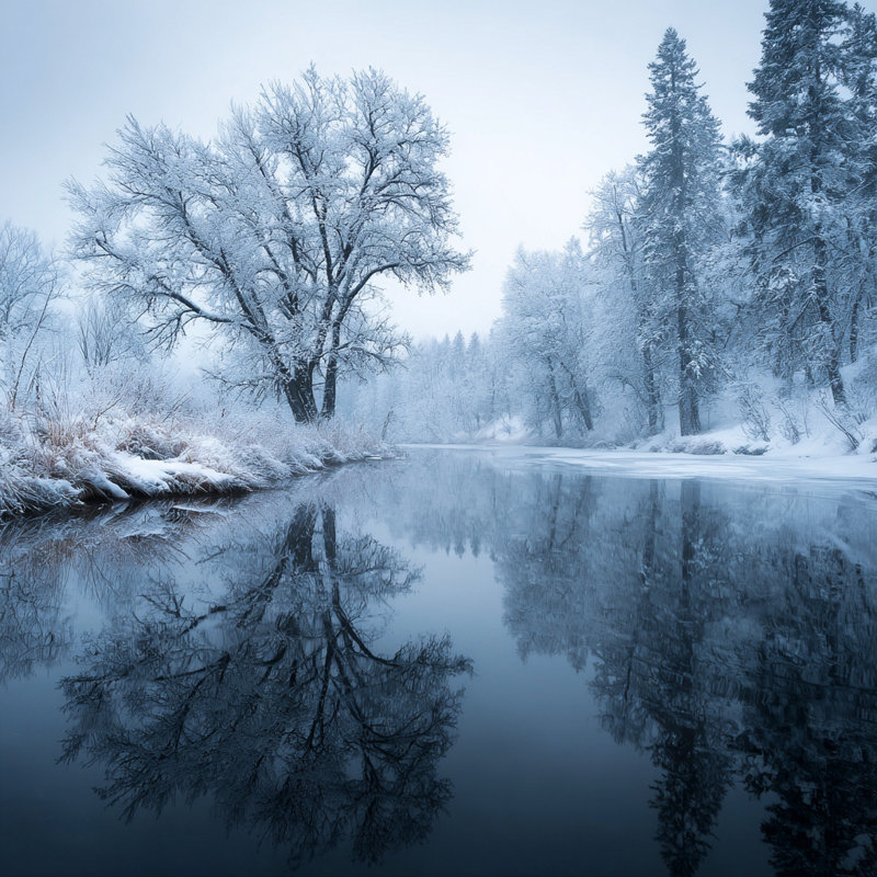 «Frozen River Reflection Winter Landscape», art mural sur toile tendue, 40 po x 40 po