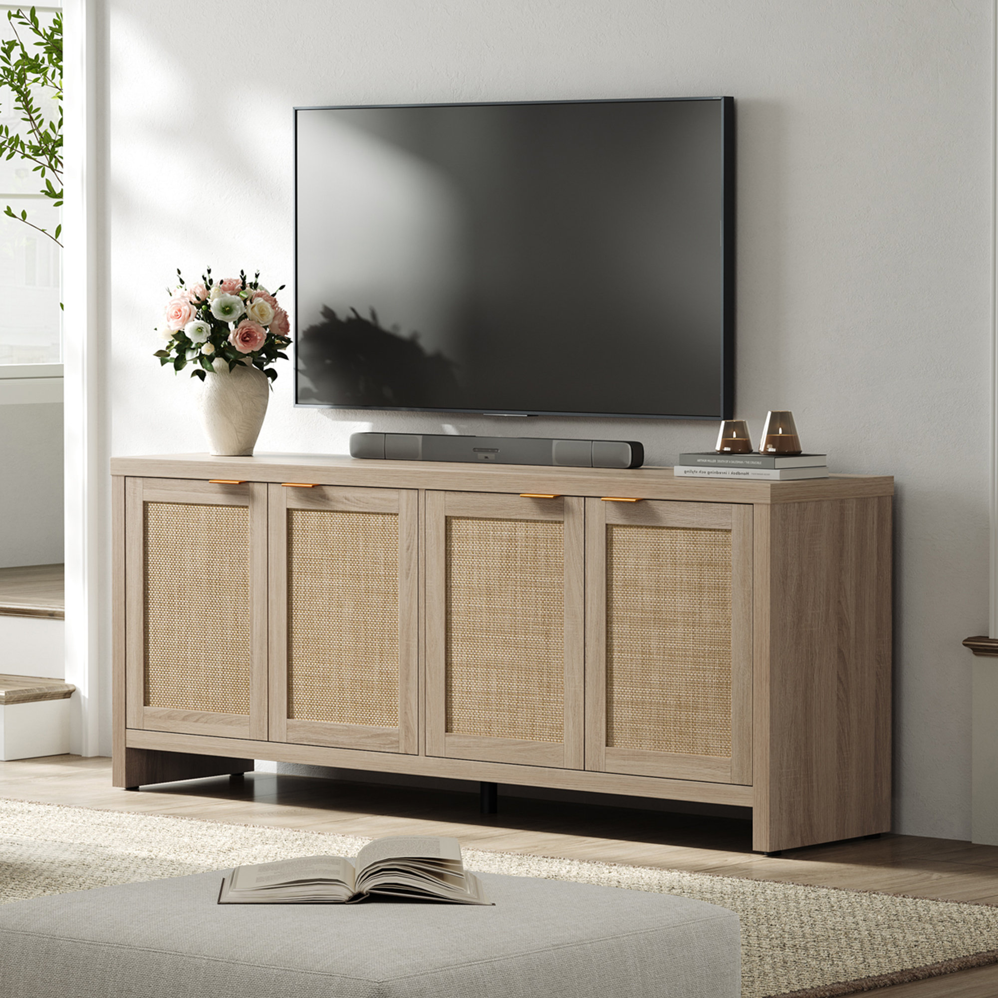 Bay Isle Home™ Boho TV Stand With 4 Rattan Storage Cabinets, Farmhouse TV Entertainment Center For Tvs Up To 65'' & Reviews | Wayfair