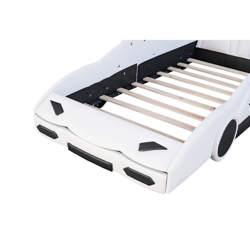 Lit plateforme simple avec apparence de voiture de course et garde-corps à roues pivotantes - Option de chambre à coucher élégante et élégante avec roues coulissantes en forme de voiture, choix fonctionnel blanc