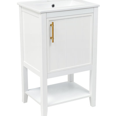 Meuble-lavabo de 20 po avec lavabo en céramique blanche, porte à fermeture douce, poignée de bar et grand espace de rangement - armoire simple en bois massif de 20 po, support, tablette ouverte autoportante, finition peinte