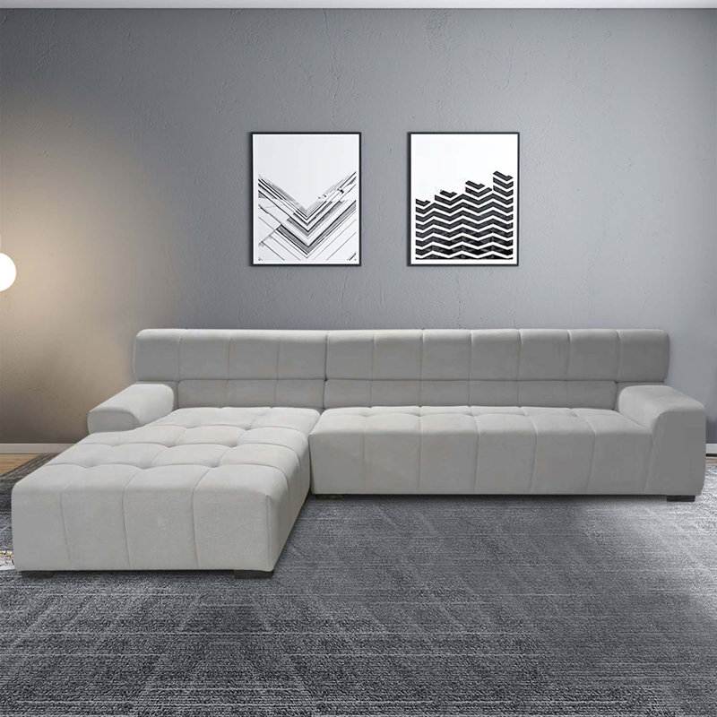 Canapé modulaire capitonné pour le salon, Tissu gris pâle