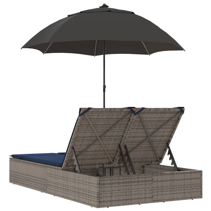  Double Sun Lounger With Cushions&Parasol Gray Poly Rattan, Navy Cushion/Gray Frame