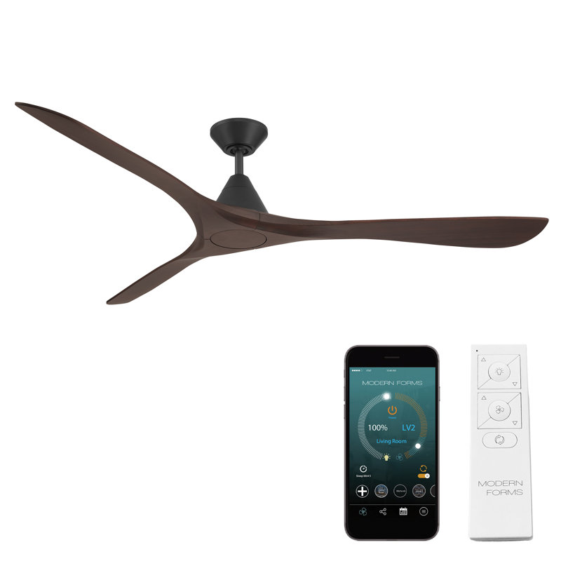 Ventilateur de plafond intelligent à 3 pales en bois naturel Carve avec télécommande incluse, Noir mat, Noyer foncé