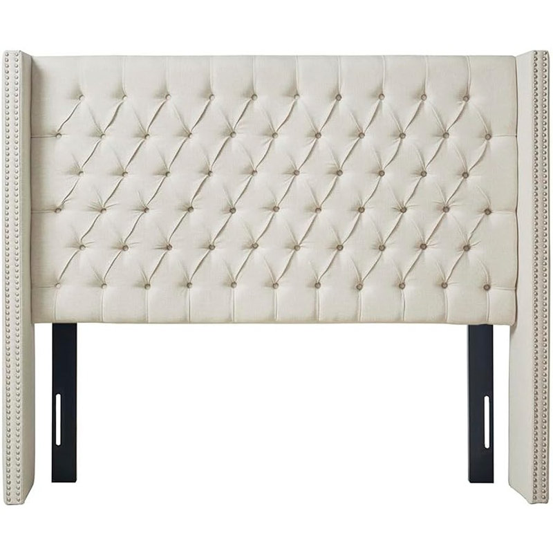 Cream Upholstered King Headboard – Button Tufted Wingback Style With Nail Head Trim Accents