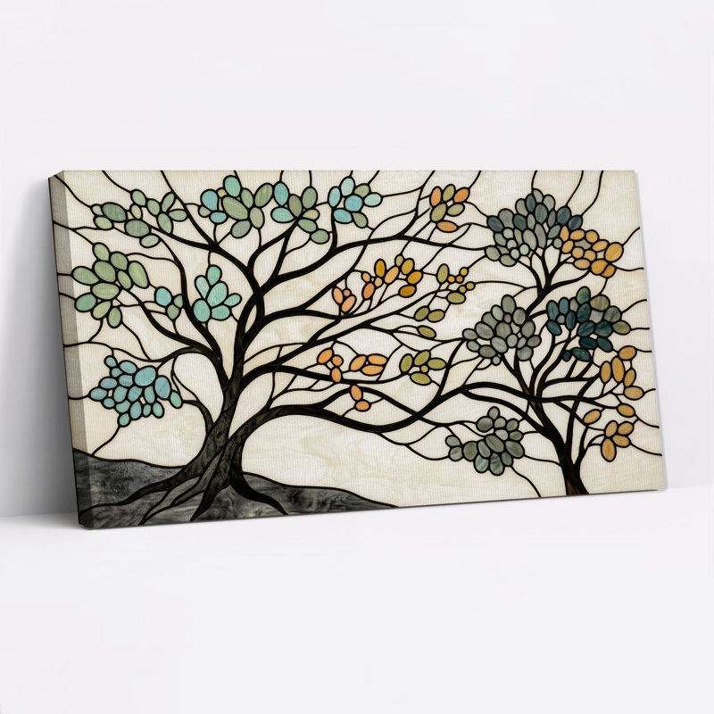 Art mural sur toile de style vitrail avec feuilles bleu sarcelle et orange, L 40 po x H 20 po