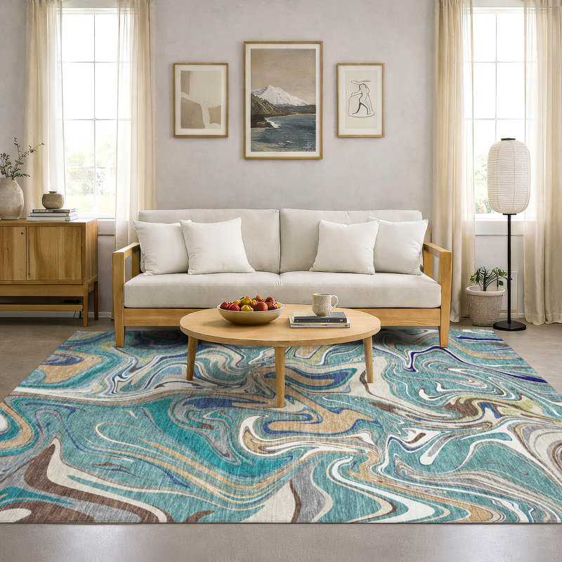 Premium Machine Washable Mayfield AMF2395 Abstract Rug, Teal, 8' x 10'