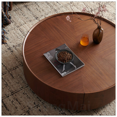 Table basse circulaire en placage de bois avec base en fer robuste, parfaite pour les salons, les chambres à coucher et les bureaux.