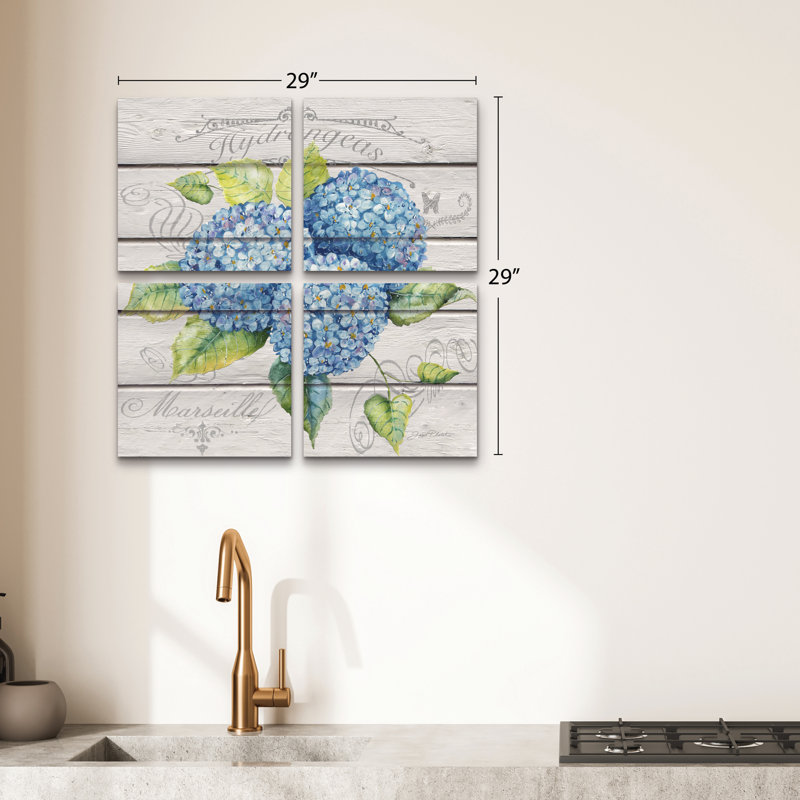 Ensemble de 4 panneaux d'art mural - "Blue Hydrangeas" par Jean Plout, pour un salon, une chambre ou un bureau 