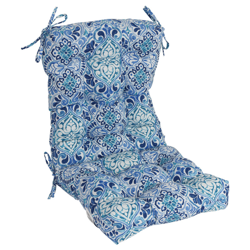 Outdoor Tufted Seat/Back Chair Cushion, White/Blue/Fiorella Baltic Moroccan, 18" W x 18" D
