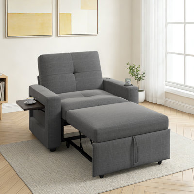 Sleeper Sofa Chair Bed,3-In-1 Convertible Modern Linen Fabric Futon Sofa Bed Pull Out Couch Bed With Usb And Type C Charging Ports,Cup Holder And Fold by Ebern Designs
