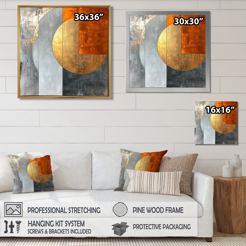 Nynne géométrique or orange et gris forme pure I - art mural géométrique abstrait, Impression encadrée flottante, Doré