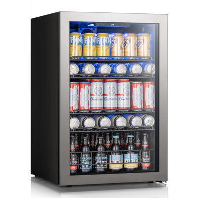 21.7-Inch Wide 155-Can Beverage Refrigerator with Stainless Steel Glass Door and Tri-Color LED Lighting