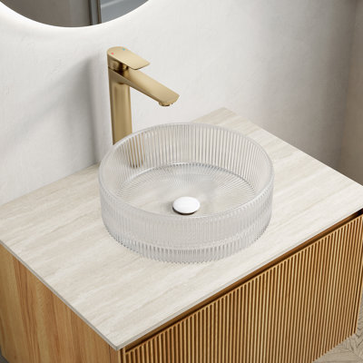 Lavabo de salle de bain rond en cristal 14 po sans robinet, transparent
