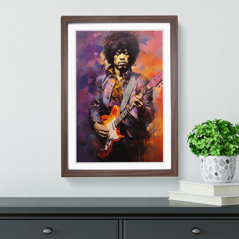 Jimi Hendrix Cubism - Single Picture Frame Print on Wood, 64cm H x 46cm W x 2cm D, Walnut Framed