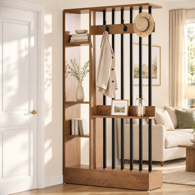 Freestanding Wood Room Divider, Farmhouse Partition Wall with Open Storage Shelves and Coat Hooks, Decorative Entryway Divider, Modern Rustic Wooden Privacy Screen for Living Room, Bedroom, Entryway, Brown