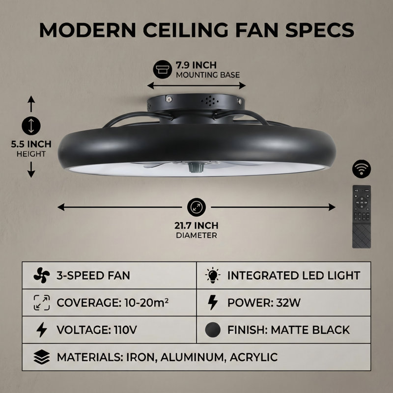 Ventilateur de plafond moderne avec lumières et télécommande, ventilateur à DEL à intensité variable avec fonction de mémoire, moteur réversible silencieux, coffre-fort