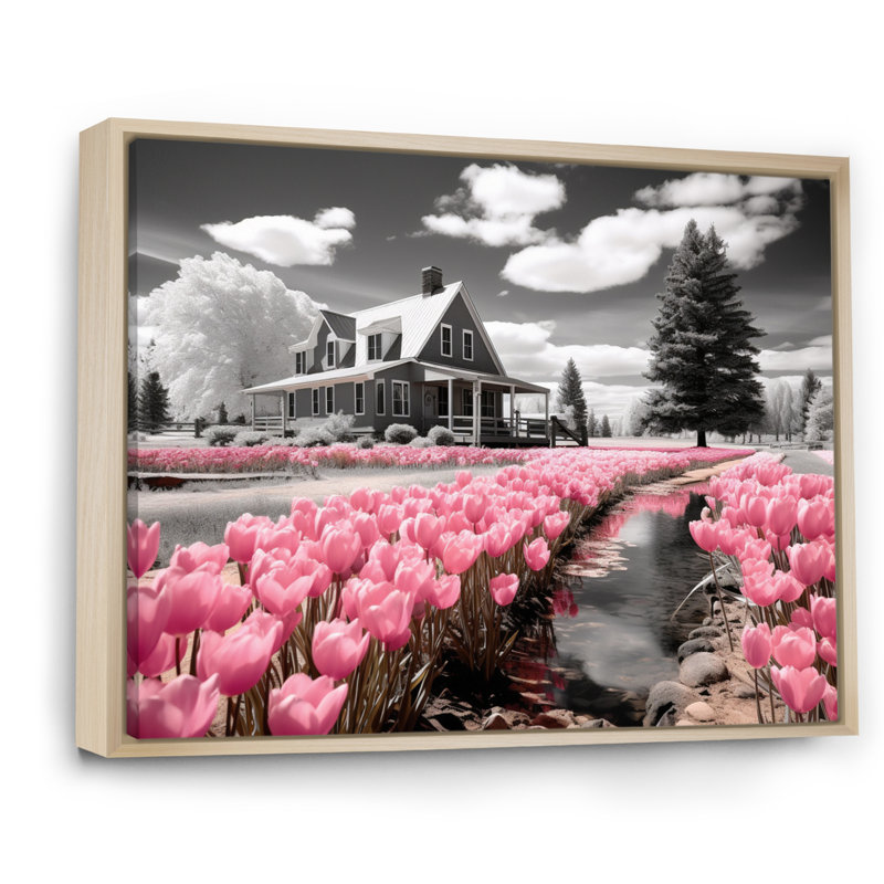 " Pink Farmhouse Frontyard Oasis ", Natural Floater Framed, 30" H x 40" W x 1.5" D