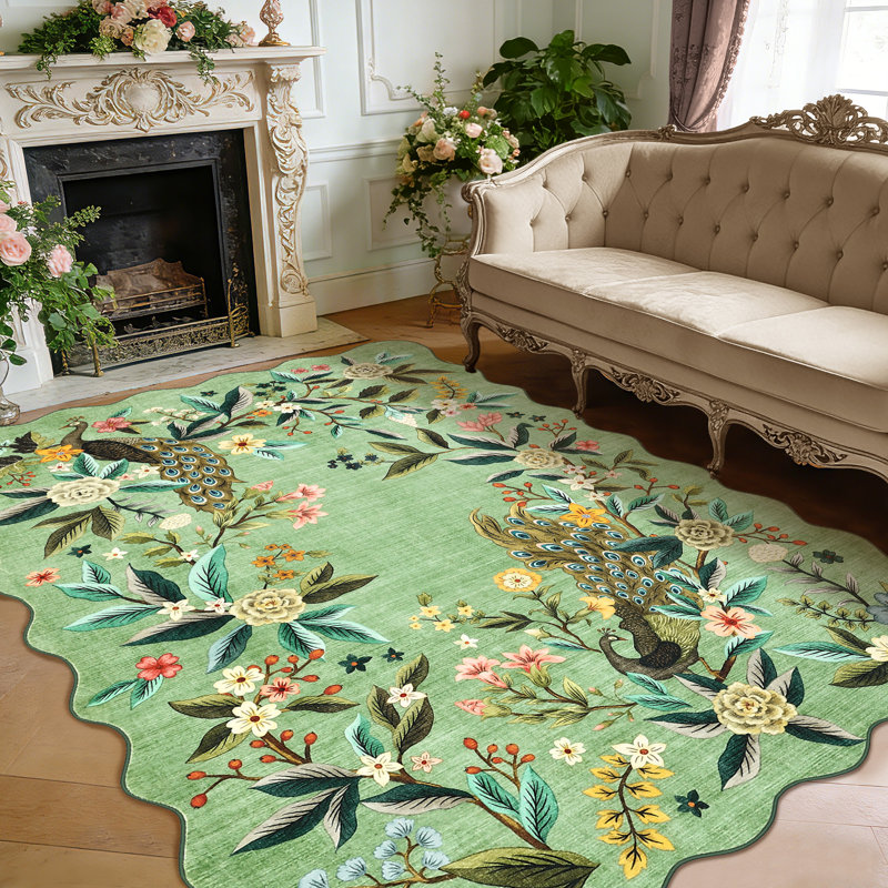 Area Rugs Peacock Rug Floral Rug Non Slip Area Rug for Nursery Dining Room Office Dorm, Rectangle 5' x 7', Green