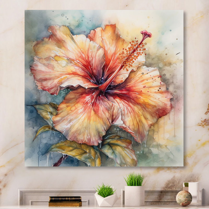 Hibiscus Euphoria II gris orange de Rrahim - art mural hibiscus, H 24 po x l 24 po, Toile tendue