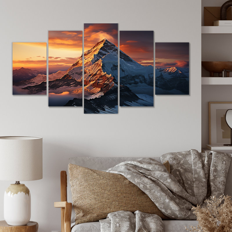  «Yellow Snowy Mountains Sunset Everest Summit II - Montagnes, ensemble d'art mural multi-panneaux
