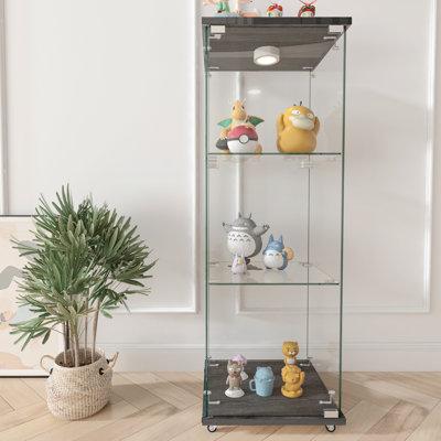 Vitrine H 47,91 po avec 1 porte et 3 tablettes, armoires de cuisine modernes avec lumières DEL réglables, bibliothèque de plancher en verre trempé pour salon, chambre à coucher, noir