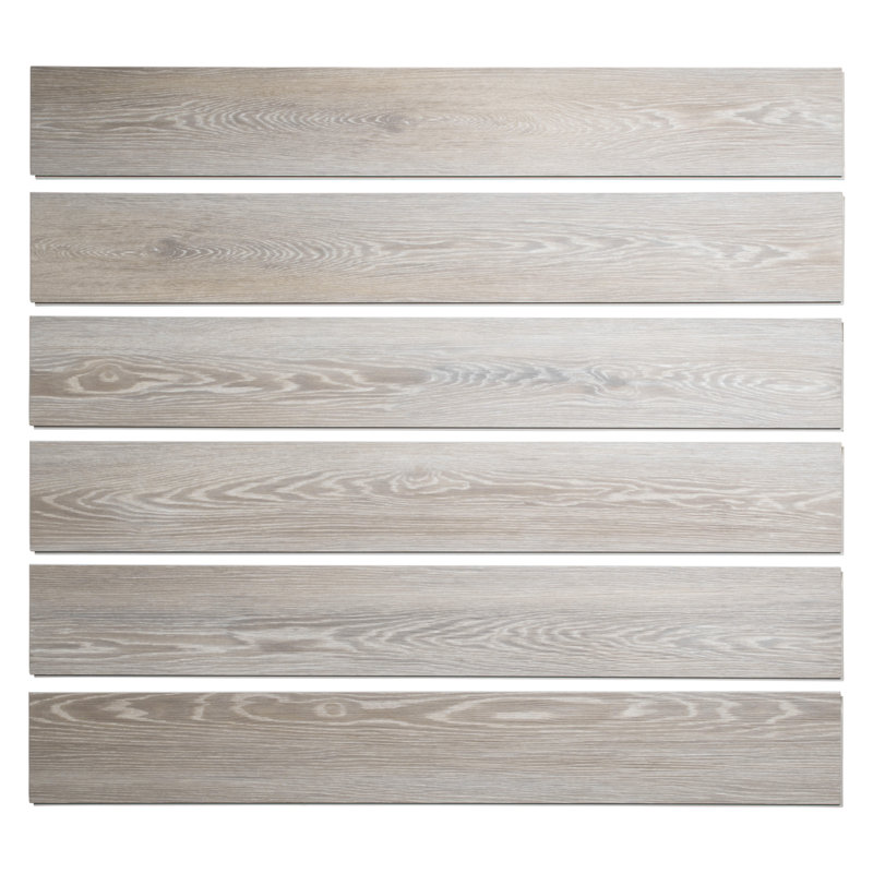 Six light gray wood-look luxury vinyl planks displayed in a stacked configuration