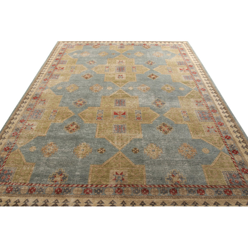 Distressed Homage Hand Knotted Wool Geometric Area Rug in Green, Blue, Beige, Red, Rectangle 10' x 14'