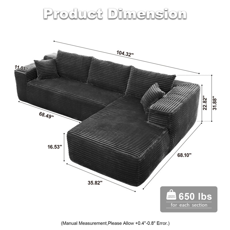 Canapé-lit 2 pièces avec coussin Kessas, Orienté à droite, Velours côtelé gris plus