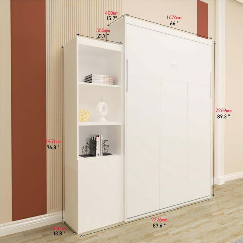 Lit escamotable horizontal avec tablettes de rangement et lattes de soutien pour la chambre à coucher, Grand
