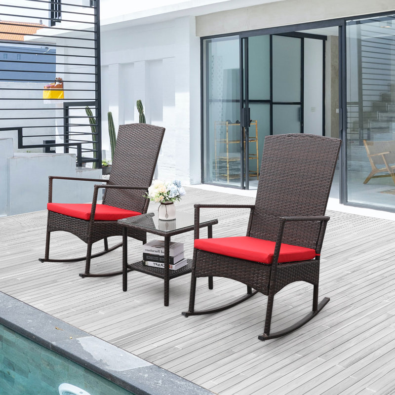Chaise berçante d'extérieur 3 pièces avec table basse et coussins, Rouge, Brun