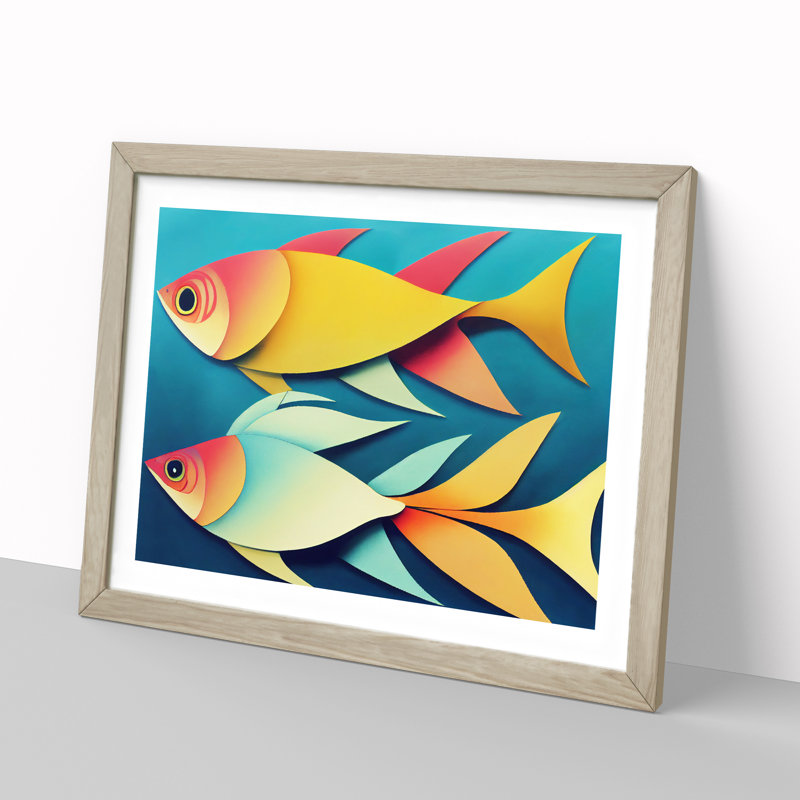 XH1022-7668X Select Fish Abstract - Single Picture Frame Painting, 46cm H x 64cm W x 2cm D, Oak