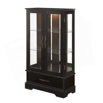 Lighted Glass Curio Cabinet With Adjustable Shelves - Elegant 2-Door Display Cabinet & Built-In Drawer, Includes Bulb