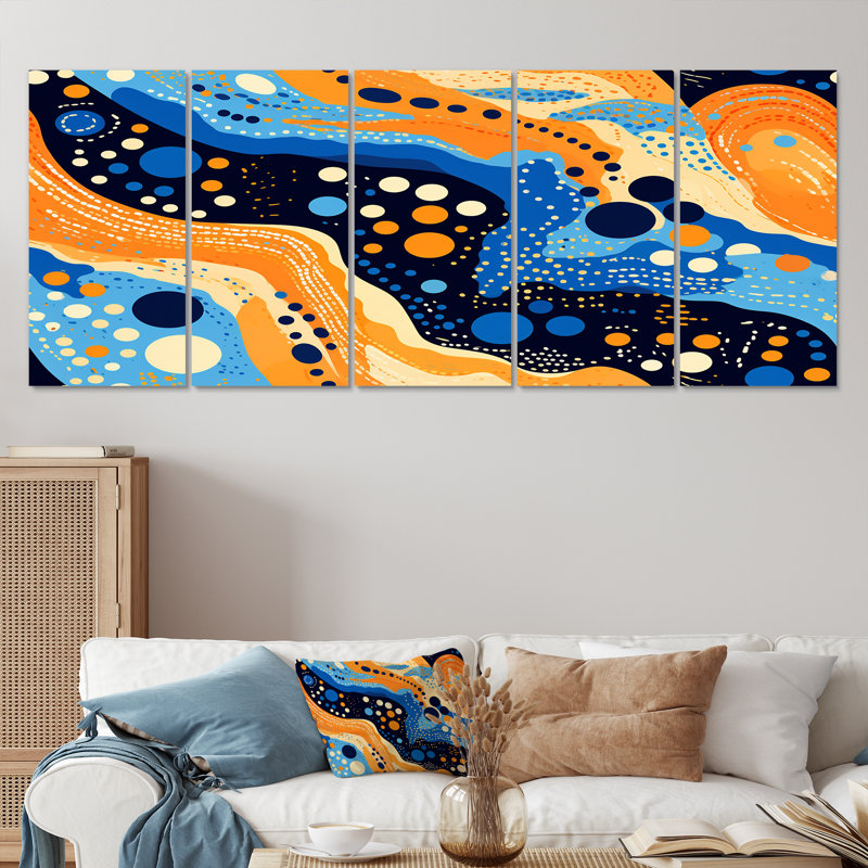 Vagues d'ethnie océaniques abstraites - Art mural abstrait sur toile 5 pièces, H 32 po x l 80 po