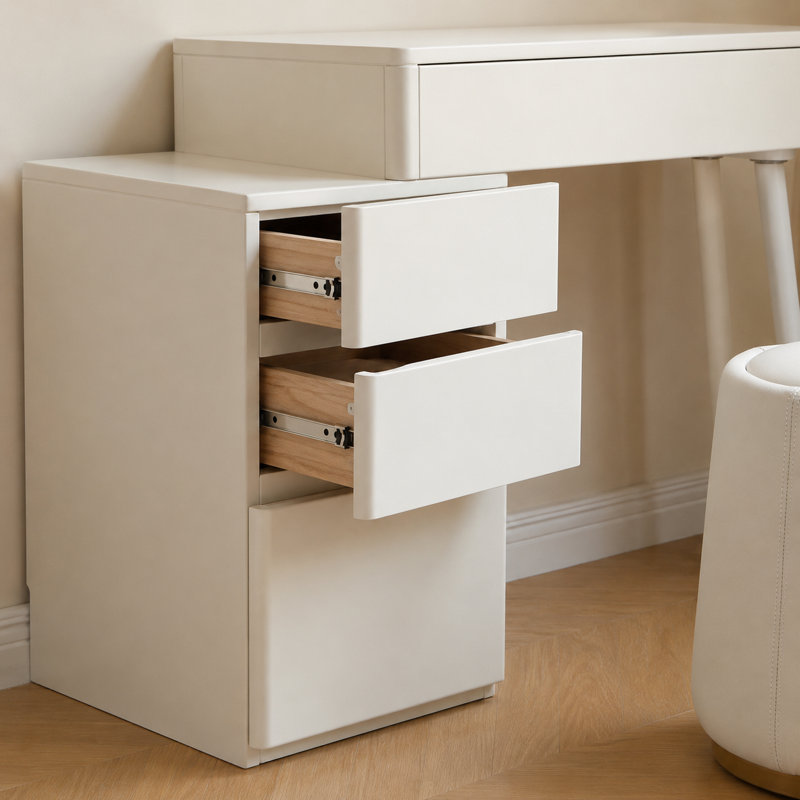 White Makeup Vanity Set with Stool, 100% Solid Liriodendron Chinense Dressing Table with Storage Drawers, No Mirror