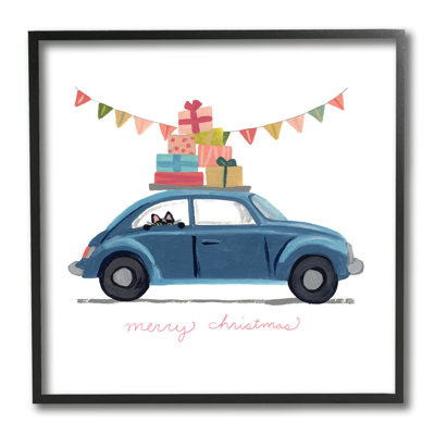 Voiture de chat bleue avec pile de cadeaux
