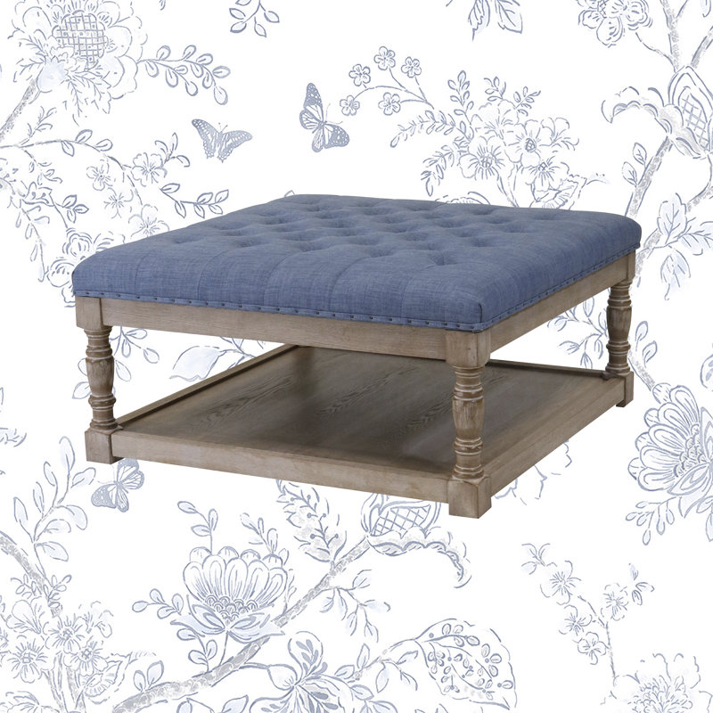 Fontanet 34" Wide Tufted Square Cocktail Ottoman/Coffee Table, Beige/Blue