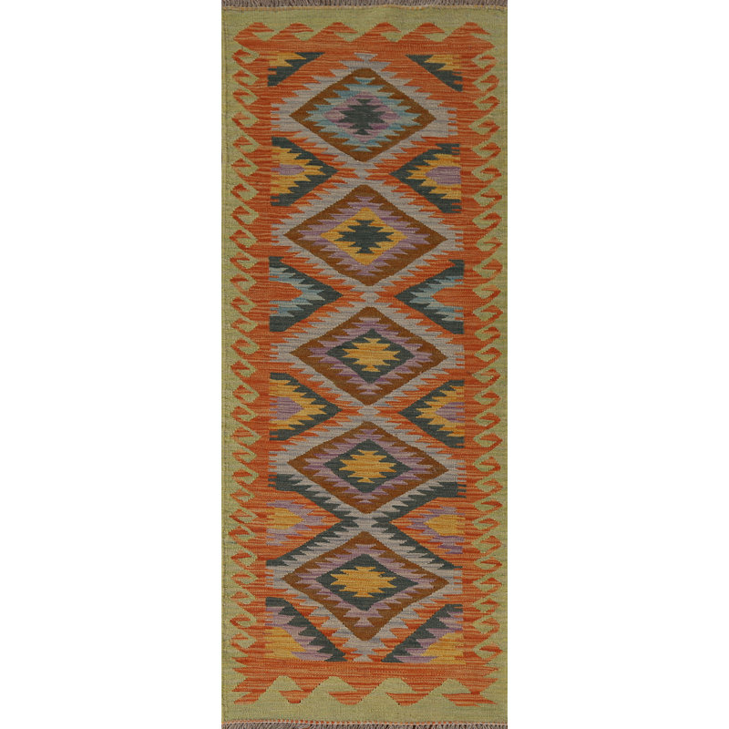 Tapis de couloir oriental géométrique en laine Kilim 2x7