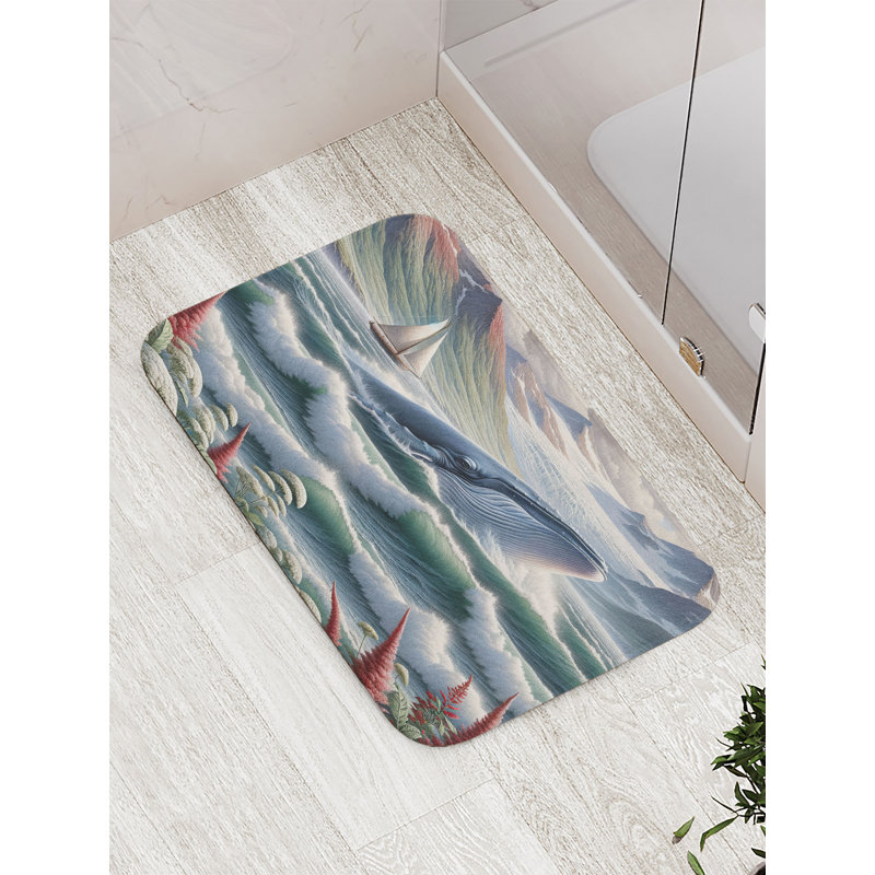 Sea Green Blue and Ruby Whale Nautical Bath Mat