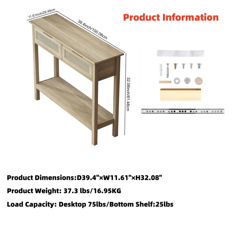 Console de style bohème Ceryn avec 2 tiroirs en rotin et tablette de rangement inférieure pour le vestibule