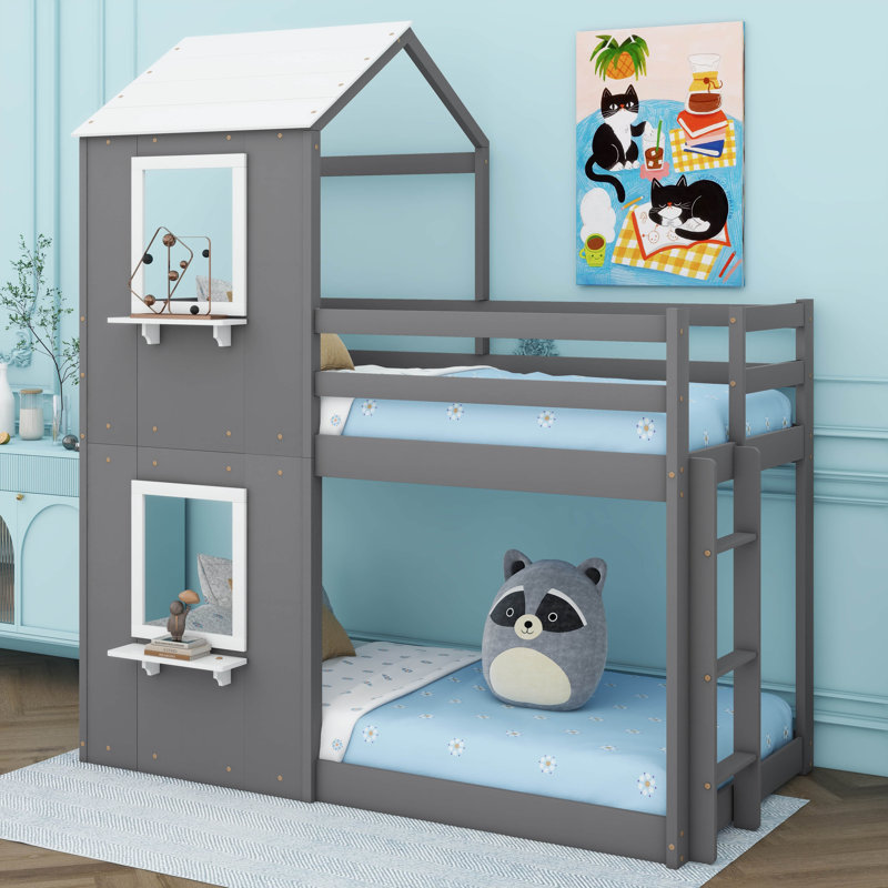 Charming Wooden Twin - Over - Twin Bunk Bed With Roof Design, Gray