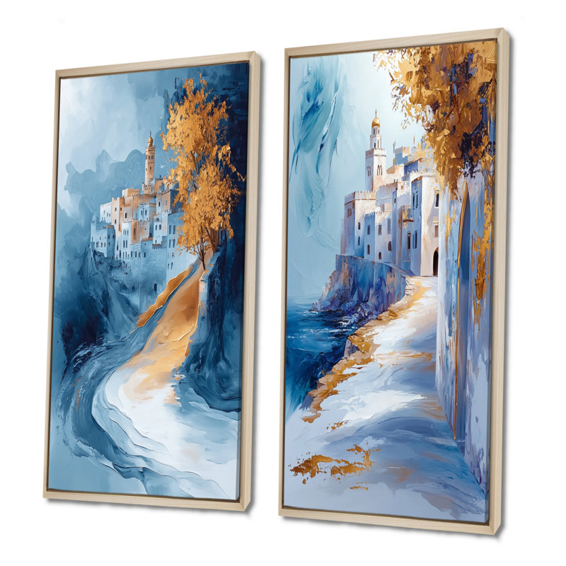 Ensemble de 2 pièces d'art marocain Rabat bleu Kasbah I - Maroc, H 28 po x l 24 po, Cadre flottant érable
