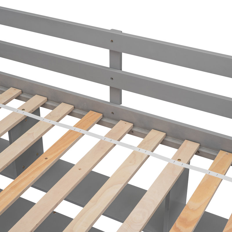 Lit mezzanine double en bois massif avec bureau intégré, tablettes et escalier de rangement, Gris