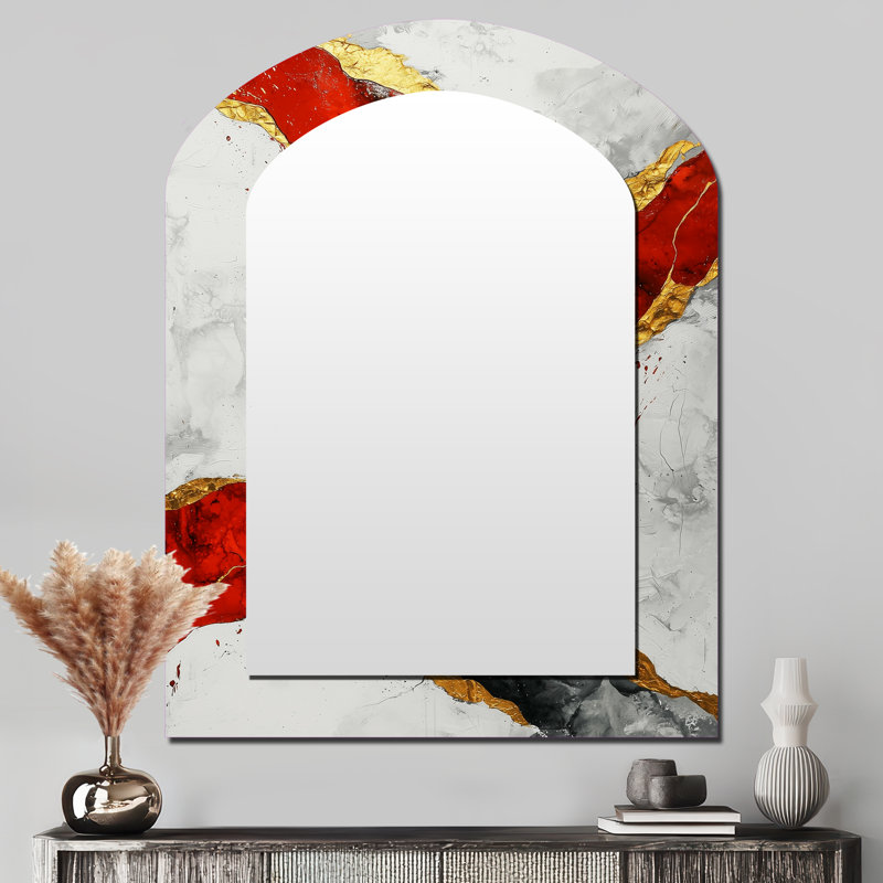 Fractal Volcano And Stone Energy III - Fractals Asymmetrical Wall Mirror, Red Arch Decorative Mirror, Printed Metal Art